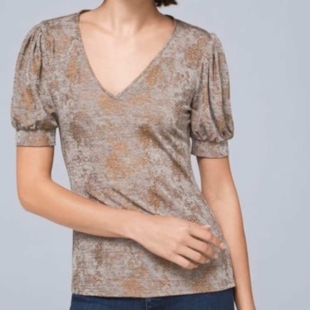 WHITE HOUSE BLACK MARKET S Snake Bronze Foil‎ Snakeskin Print Puff Sleeve Top